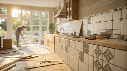 Poster - A softfocused image capturing the ambiance of a kitchen where unfinished tile work glimmers in natural light with spacers providing a snippet of the meticulous planning involved.