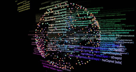 Poster - Rotating sphere of colorful dots and programming code image