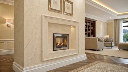 Poster - A soft creamcolored wall with texture showcasing a square recess surrounded by subtle skirting where a contemporary fireplace will be installed to create a warm focal point.