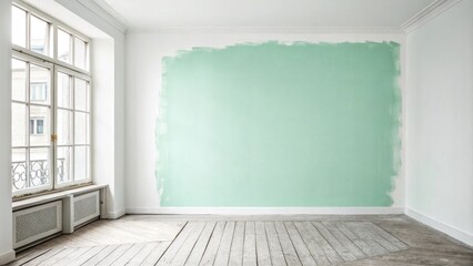 Poster - a smooth unadorned wall with a patch of soft mint green paint the light hue bringing a refreshing co