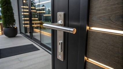 Poster - A sleek modern stainless steel door handle set contrasts beautifully against a smooth matte black surface highlighted by the ambient glow of nearby LED lights.