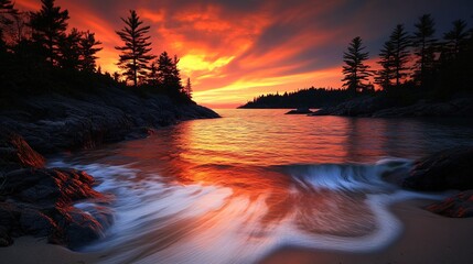 Wall Mural - A serene sunset over a rocky shoreline, with vibrant colors reflecting on the water.