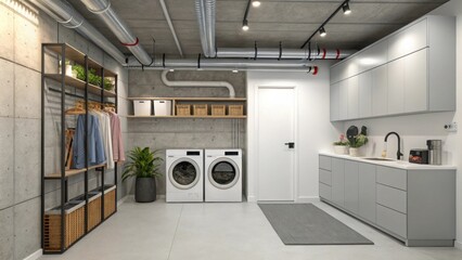 Fototapete - A sleek laundry room displaying a neatly installed heating vent along with utilitarian exposed ducts emphasizing both efficiency and modern style in the compact space.