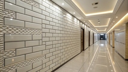 Poster - A sleek hallway showcasing a tiled wall covered in elongated tiles partially grouted to expose the craftsmanship and detailing of the installation process.