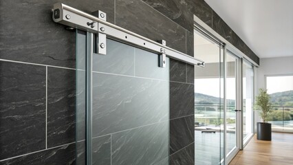 Aufkleber - A sleek glass sliding door track affixed to a dark slate wall enhancing the modern aesthetic with a touch of luxury and sophistication.