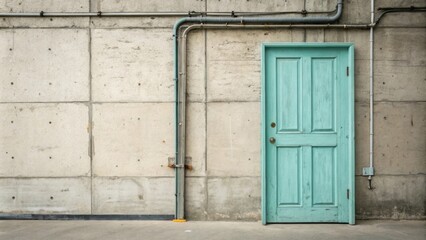 Aufkleber - A simple wooden door half painted in a tranquil aquamarine leaning against an industrialstyle concrete wall with exposed pipes.