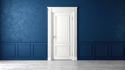 Aufkleber - A simple white door with clean lines rests against a rich navy wall providing a striking contrast that enhances the rooms sophistication.