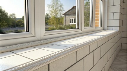 Leinwandbilder - A side view of a window sill with freshly grouted joints revealing the careful application and the way sunlight reflects off the newly smoothed surface.