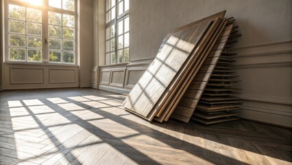 Aufkleber - A side view of a leaning stack of laminate floor pieces leaning precariously against a wall with sunlight pouring in and casting intricate shadows on the floor beneath.