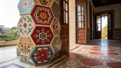Aufkleber - A side view of a towering stack of hexagonal tiles displaying bold colors and intricate designs illuminated by natural light filtering in through open doors.