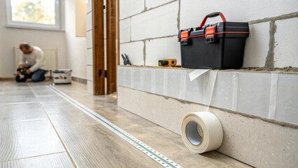 Poster - A side view of a bathroom wall where the freshly installed waterproof membrane has been taped at the seams with a silhouette of a toolbox in the background giving the scene a