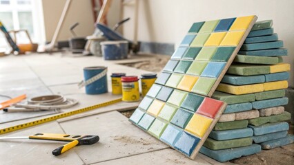Aufkleber - A side view of a disorganized stack of multicolored tiles leaning precariously with renovation materials peeking through in the background.