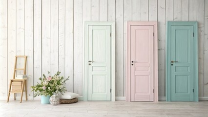 Aufkleber - A series of prehung doors in soft pastel colors stacked against a whitewashed wooden wall creating a calm and airy atmosphere in the room.