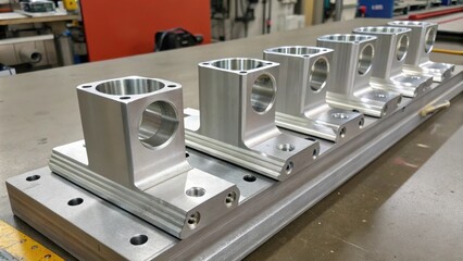 Poster - A set of aluminum railing parts arranged neatly on a workbench each component showing signs of precision ting and modern craftsmanship.