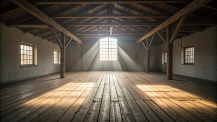 Aufkleber - A serene space featuring a rustic wooden floor beneath a vast room with nothing but light pouring in from a single center window.