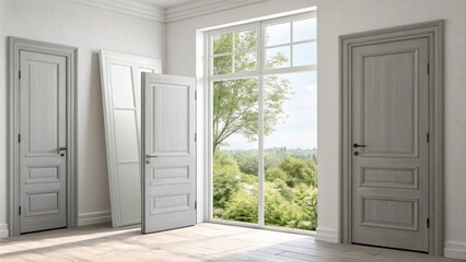 Leinwandbilder - A serene environment showcasing prehung doors in soft gray tones stacked next to a large open window that invites fresh air and natural light inside.