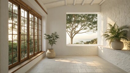 Poster - A serene corner space with a pristine unadorned wall the floor and ready illuminated by gentle natural light filtering through a window.