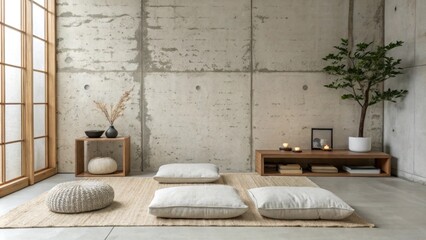 Leinwandbilder - A serene meditation corner with a soft rug p against an exposed concrete wall. Minimalist cushions are arranged neatly and a small shelf holds a few carefully chosen decorative