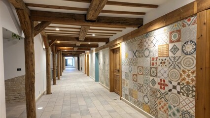 Poster - A section of the hallway showcases different textureposed wooden beams above roughened walls and tered tiles creating a collage of renovation stages.