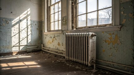 Poster - A segment of a radiator with exposed fittings rests next to a partially painted wall with light filtering in through a window casting shadows on the disheveled scene.