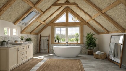 Poster - A serene bathroom boasts a unique ceiling design with exposed beams adding character and fresh insulation contributing to a soothing atmosphere.