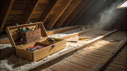 Poster - A section of attic floorboards partially lifted revealing thin layers of insulation beneath while nearby a toolbox lies open with various tools tered indicating ongoing work.