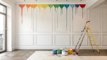 Aufkleber - A section of a room featuring a freshly primed wall with paint drips caught middrip capturing the energy of an ongoing project.