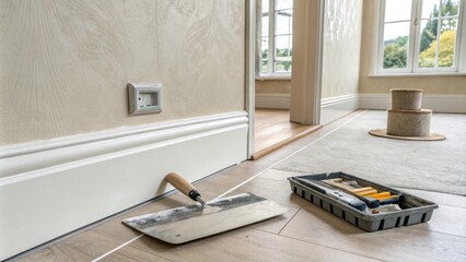 Poster - A section of an apartment with a perfectly smooth lightcolored wall complemented by a smoothing trowel and a small tray of plaster tools positioned on the floor.