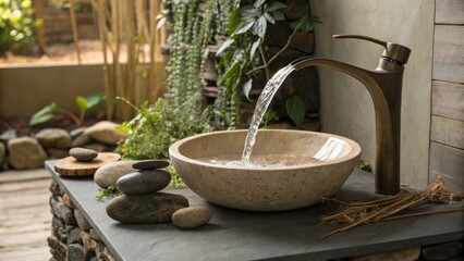 Aufkleber - A sculptural faucet resembling a waterfall positioned above a natural stone sink emphasizing organic forms and a serene spalike environment.