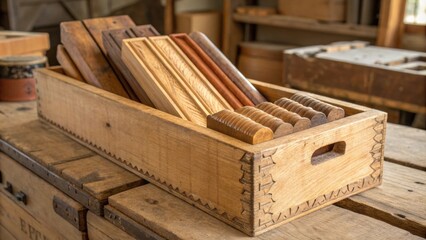 Poster - A rustic wooden crate filled with vintagestyle molding strips the warm tones of the wood evoking a sense of history and craftsmanship.