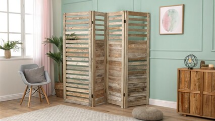 Aufkleber - A rustic wooden room divider with a mix of horizontal and vertical slats resting against a wall painted in a soft pastel color.