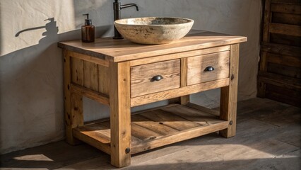 Aufkleber - A rusticstyle sink vanity made of reclaimed wood paired with a vintage bowl sink with shadowy corners suggesting a cozy atmosphere.