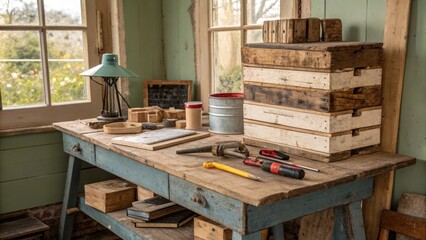 Poster - A rustic setting with wooden baseboards piled high on a weathered workbench surrounded by tools ready for the painting process.