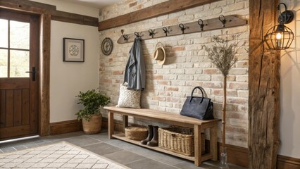 Poster - A rustic entryway featuring a bench against an exposed brick wall with decorative hooks and natural wood elements that invite a welcoming atmosphere.