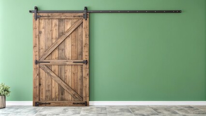 Poster - A rustic barn door adorned with metal hardware stands against a freshly applied sage green wall evoking a blend of nature and modern design.