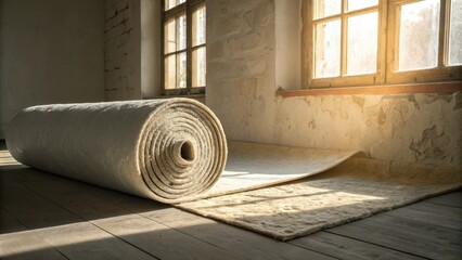 Poster - A roll of insulation propped against a wall with light streaming in through a nearby window illuminating the texture of the insulations surface.