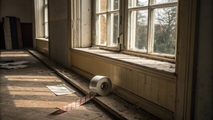 Fototapete - A quiet corner of a room with a window ledge and neatly p protective tape capturing a moment of stillness amidst the chaos of renovation.