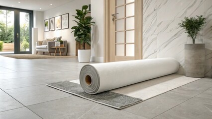 Poster - A pristine vinyl flooring roll in the center of a modern minimalist space blending with neutralcolored walls and a dusty gray rug beside it.