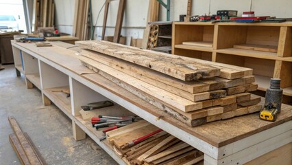Poster - A pile of weathered wood scraps sitting near a partially constructed shelf exhibiting signs of wear and use from multiple projects.