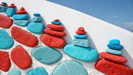 Poster - A playful arrangement of colorful engineered stone pieces with bright reds and ocean blues creating a striking visual contrast against a minimalist background.