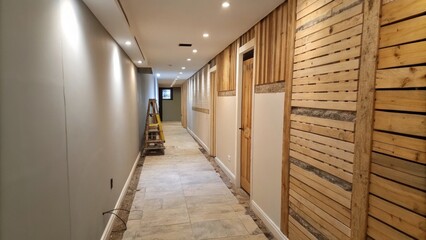 Aufkleber - A photo capturing a narrow hallway with an accent wall undergoing renovation where one side shows a smooth surface and the other displays irregularly p wooden slats.