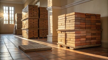 Aufkleber - A photo capturing the stacks of brick veneers in a softly lit room with light reflecting off the surfaces and casting patterns on the floor.