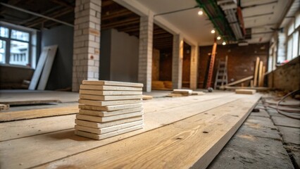 Aufkleber - A partially renovated space featuring a single precariously balanced stack of tile spacers resting on a raw wooden surface with dim ambient lighting highlighting their edges.