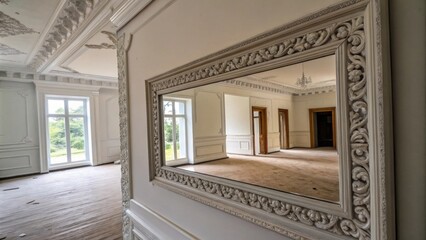 Fototapete - A photograph capturing the reflection of the crown molding in a nearby mirror with the empty space of the room surrounding it suggesting potential and future design.