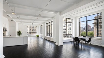 Poster - A panoramic view of a modern apartment showcasing a stark contrast between the down floor and the pristine white walls radiating a minimalist vibe.