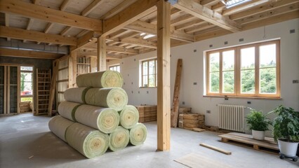 Poster - A partially completed room filled with natural elements featuring a stack of insulation rolls that adds an architectural touch to the space.