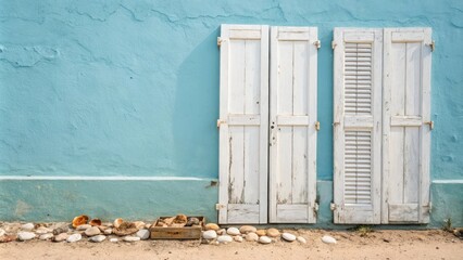 Poster - A pair of freshly painted white shutters slightly weathered yet bright leaning against a faded seaside blue wall with sand and seashells tered at the base.