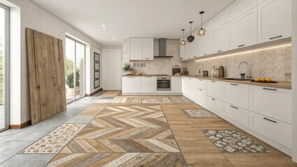 Poster - A panoramic view of a minimalistic kitchen space emphasizing the floor with multiple textures revealing the underlayment interspersed with aged wood pieces.
