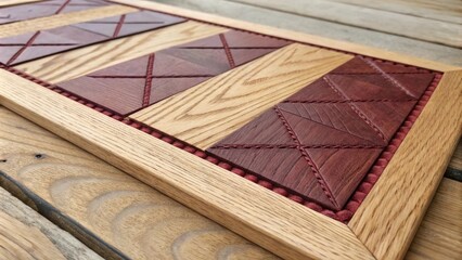 Poster - A panel of raw unpainted wood displaying a rich burgundy test patch drawing attention to the natural grains of the wood around it.