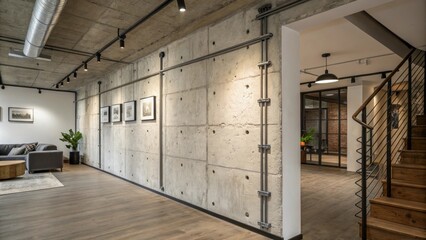 Aufkleber - An urban loftstyle interior where an exposed concrete wall showcases simple stainless steel mounting brackets reflecting the industrial yet chic features of the space.